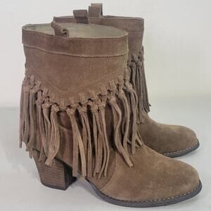 SBICCA Suede Fringe Ankle Boot Size 8 Brown Bootie Block Heel Boho Cowgirl Boot